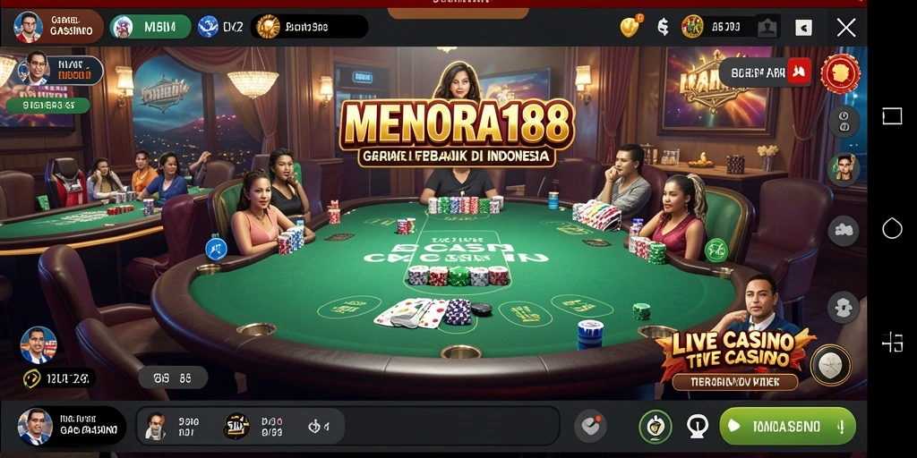 Screenshot gameplay MENARA188 yang menunjukkan dealer langsung dan suasana kasino.