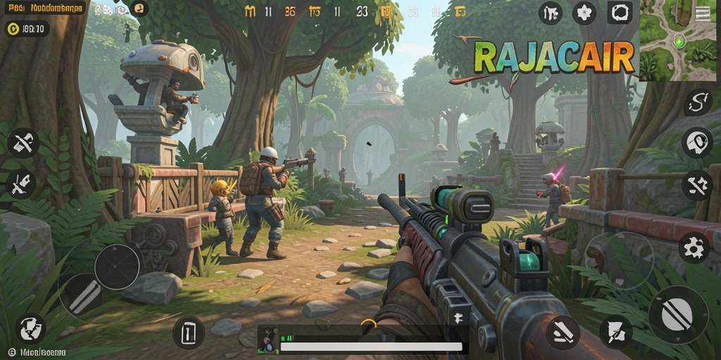 Screenshot utama RAJACAIR menampilkan gameplay TPS yang intens.