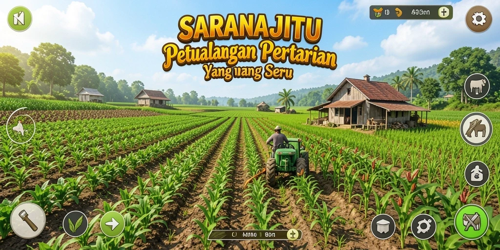 Tampilan utama gameplay SARANAJITU menunjukkan ladang yang subur dan aktivitas bertani.