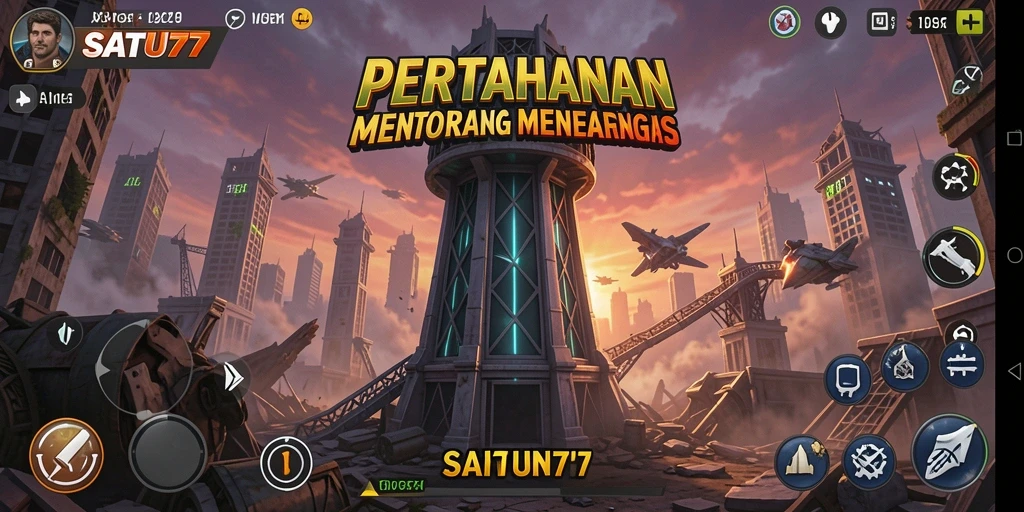 Screenshot dari gameplay menegangkan SATU77 dalam pertahanan menara.
