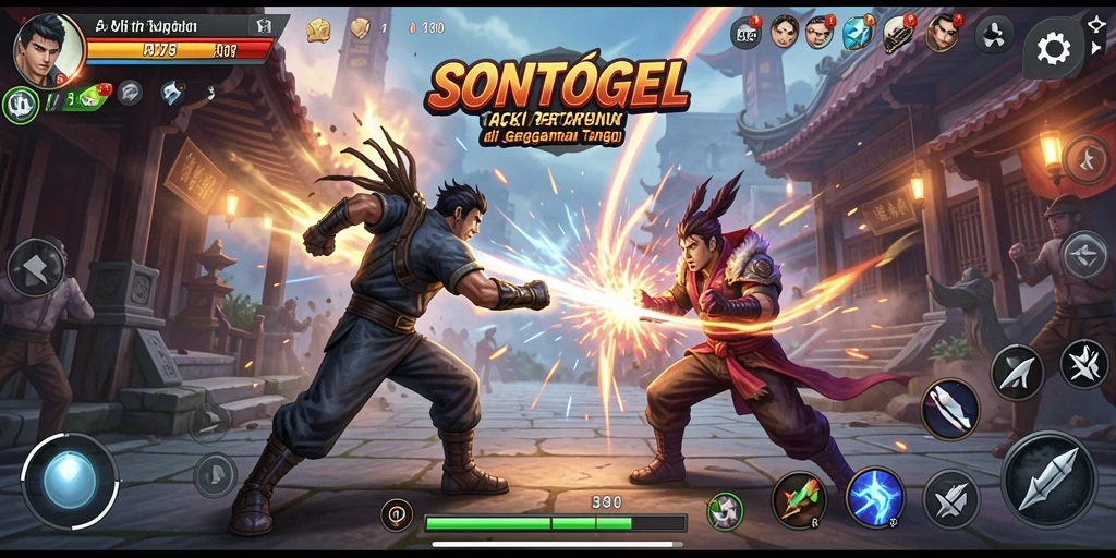 Screenshot gameplay SONTOGEL menampilkan pertarungan penuh aksi.